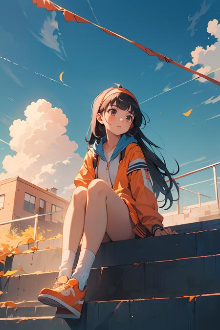 394450-3420907029-masterpiece,best quality,1girl,solo,sitting,sky,clouds,outdoors,black hair,upward view,blue sky,white socks,daytime,orange jacke.png